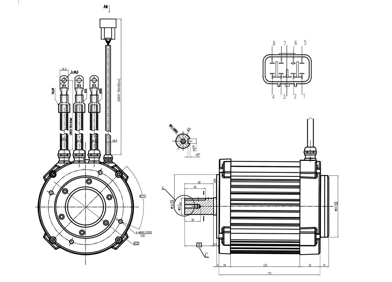 Plan et dimension moteur moto 3500w central brushless BLDC : vue latérale